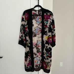 Kimono inspired open front floral cardigan
